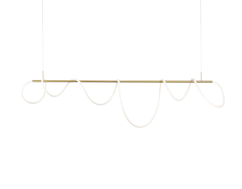 LÁMPARA DE TECHO COLGANTE DECORATIVA MODERNA LED 45W,TONALIDAD CALIDA 3000K, 110-240V, 50-60HZ, IP20,  L-2MTS H-1.2MTS, ACABADO DORADO.