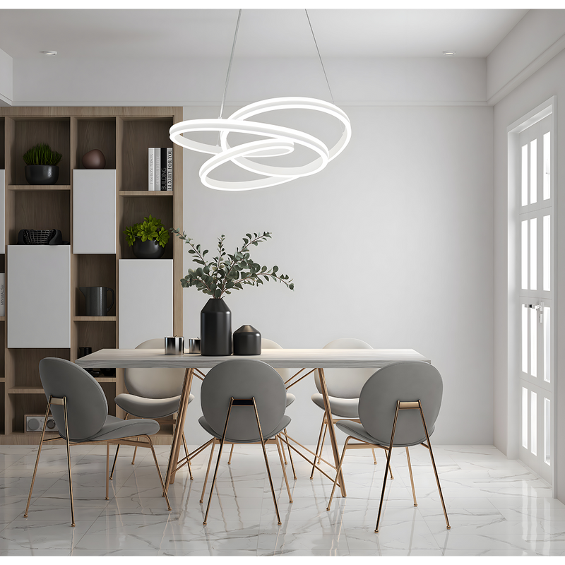LÁMPARA DE TECHO COLGANTE DECORATIVA LED 102W, INTERRUPTOR CCT, 30K,40K,60K, 110-240V, 50-60HZ, GRADO DE PROTECCION IP20, ACABADO BLANCO.