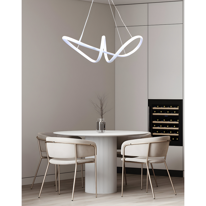 LÁMPARA DE TECHO COLGANTE DECORATIVA LED 25W, INTERRUPTOR CCT PARA ELEGIR TONALIDAD DE LUZ: 30K,40K,60K, 110-240V, 50-60HZ, GRADO DE PROTECCION IP20, PROTECCION IP20, ACABADO BLANCO.