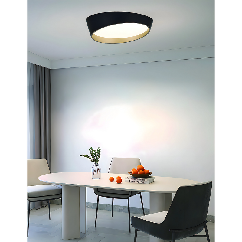 LÁMPARA DE TECHO LED TIPO PLAFON 28W, INTERRUPTOR CCT PARA ELEGIR TONALIDAD DE LUZ: 30K,40K,60K, 110-240V/50-60HZ RA>80 PF>0.70, ACABADO NEGRO + DORADO.