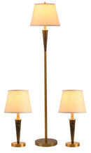 KIT DECORATIVO DE LÁMPARA MESA (2PZS) Y PIE (1PZA) 1XE27-40W IP20, ACABADO DORADO MATERIAL METAL+ TELA BEIGE.