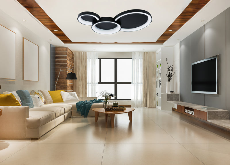 LÁMPARA DE TECHO DECORATIVA LED 72W, INTERRUPTOR PARA ELEGIR TONALIDAD DE LUZ CCT: 30K, 40K,60K, 110-240V, 50-60HZ, GRADO DE PROTECCION IP20, ACABADO NEGRO.