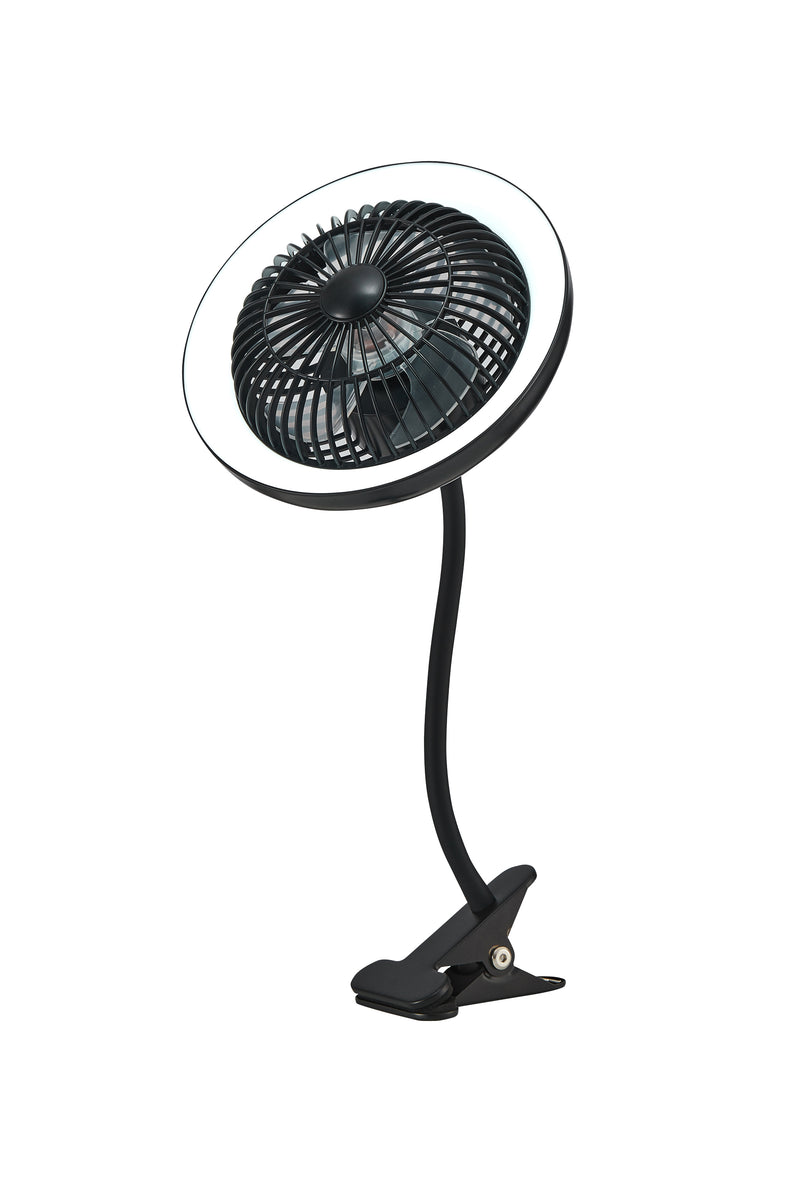 ABANICO CON CLIP Y LÁMPARA LED 5W, EMITE 100LM, 5V, 2A, TONALIDAD 5000K, CRI90, ACABADO NEGRO.