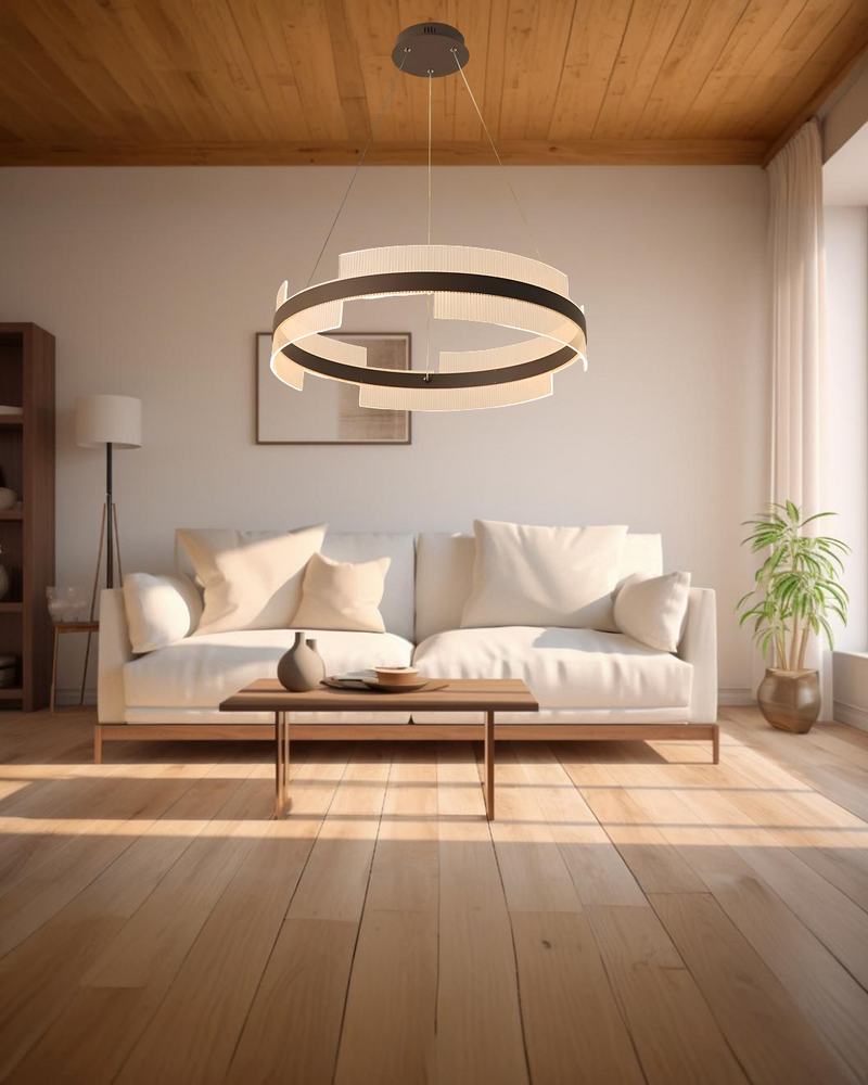 LÁMPARA  COLGANTE DECORATIVA CON LUZ  LED 60W ACABADO COFFEE/ METAL ACRÍLICO.