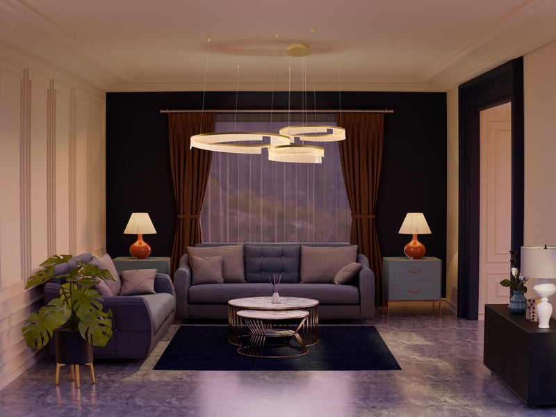 LÁMPARA DE TECHO COLGANTE DECORATIIVA LED 96W, TONALIDAD DE 3000K, 110-240V, 50-60HZ, ACABADO DORADO.