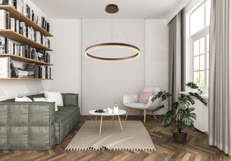 LÁMPARA DE TECHO COLGANTE DECORATIVA LED 32W, TONALIDAD 3000K, 110-240V, 50-60HZ, GRADO DE PROTECCION IP20, ACABADO COFFEE.
