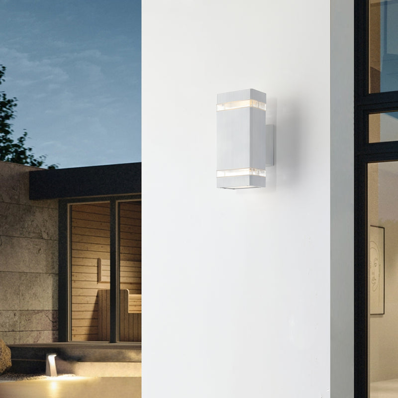 LÁMPARA DE PARED EXTERIOR DECORATIVA 2XGU10 -50W, CON ILUMINACION ARRIBA Y ABAJO, 110-240V, GRADO DE PROTECCION IP54 , ACABADO BLANCO.