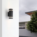 LÁMPARA DE PARED EXTERIOR DECORATIVA 2XGU10 -50W, CON ILUMINACION ARRIBA Y ABAJO, 110-240V, GRADO DE PROTECCION IP54, ACABADO NEGRO.