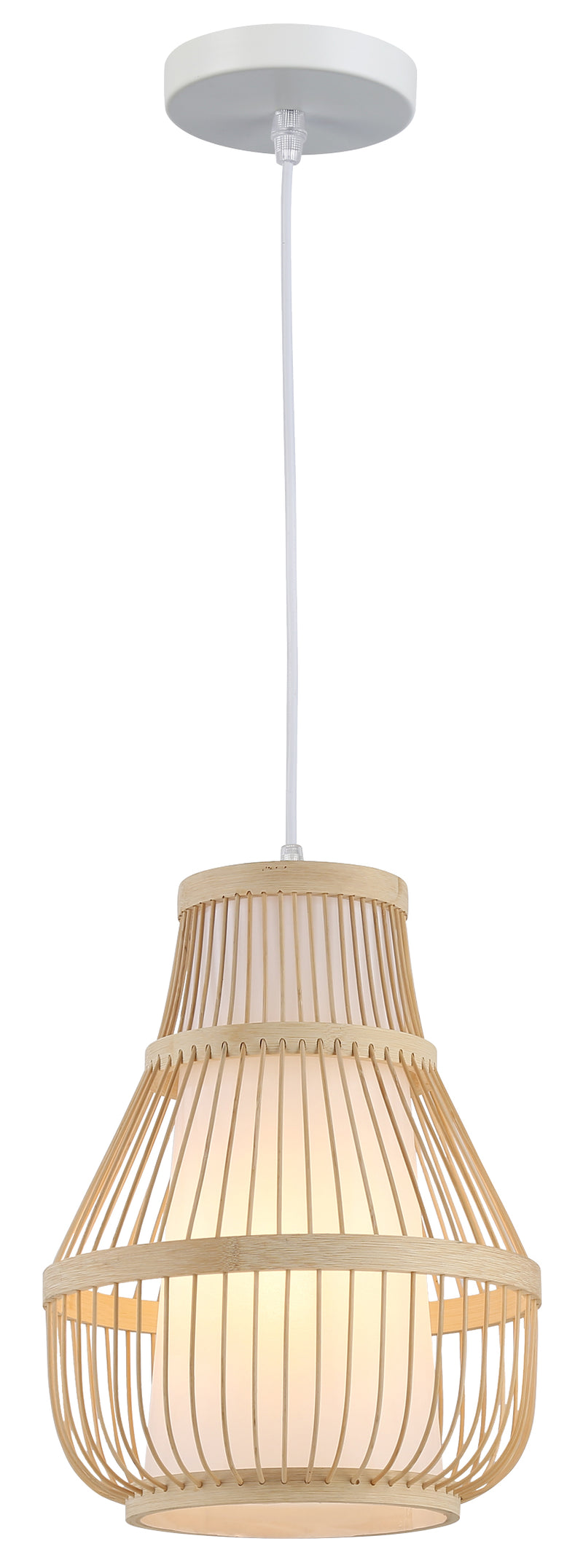 LÁMPARA DE TECHO COLGANTE DECORATIVA 1XE27-40W, GRADO DE PROTECCION IP20, PANTALLA BLANCA +  BAMBU.