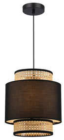 LÁMPARA DE TECHO COLGANTE DECORATIVA 1XE27-40, GRADO DE PROTECCION IP20, PANTALLA RATAN + TELA NEGRA.