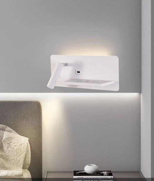 LÁMPARA DE PARED DECORATIVA LED 10.5W, CON PUERTO USB Y CARGADOR, TONALIDAD DE 3000K, 110-240V, 50-60HZ, GRADO DE PROTECCIO IP20, ACABADO NEGRO.