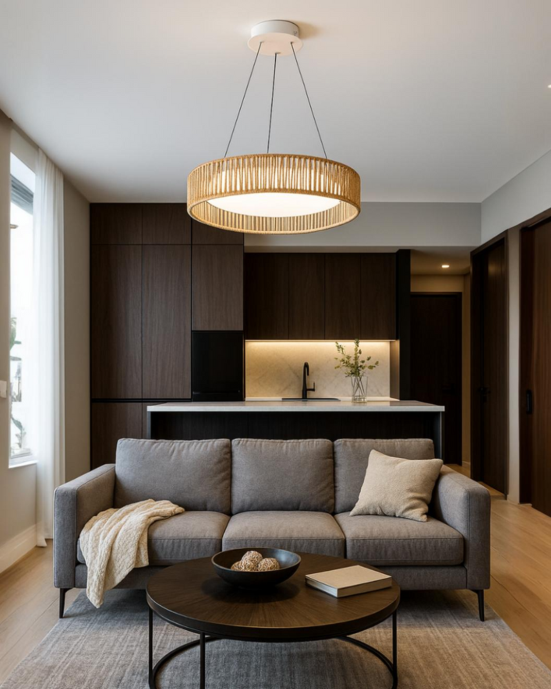 LÁMPARA COLGANTE DECORATIVA LED 38W  ACABDO LIGHT WOOD/ RATAN ACRILICO.