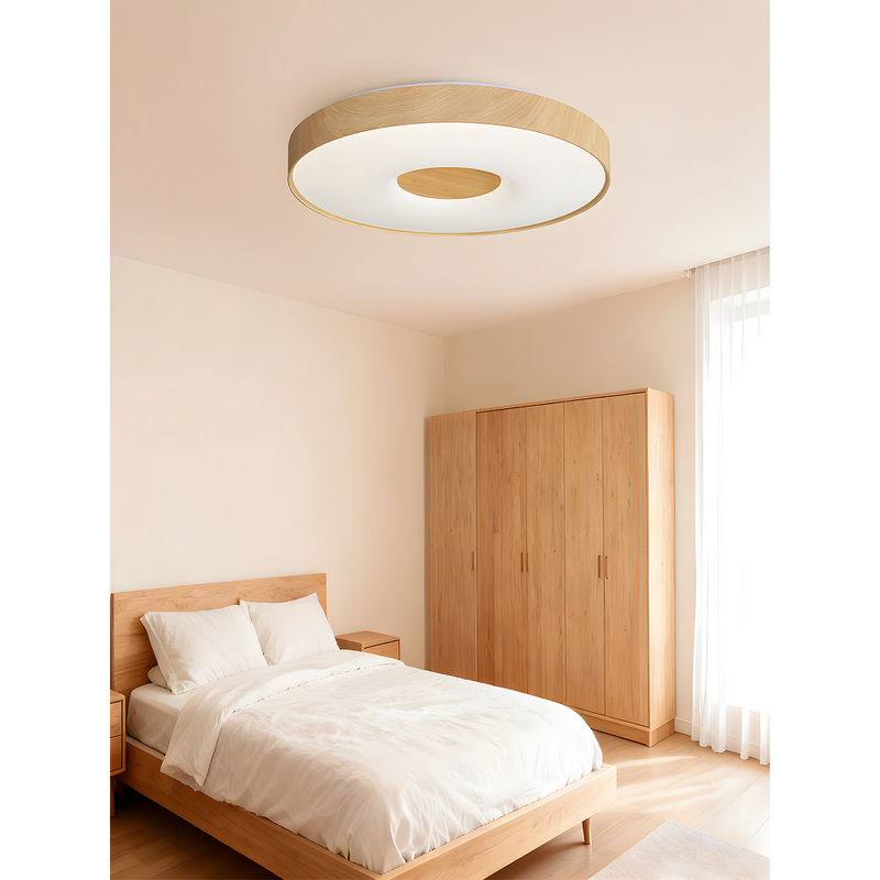 LÁMPARA DE TECHO TIPO PLAFON LED 30W, INTERRUPTOR PARA AJUSTE DE TONALIDAD DE LUZ CCT 30K, 40K,60K, 110-240V, 50-60HZ, GRADO DE PROTECCION IP20, ACABADO MADERA.