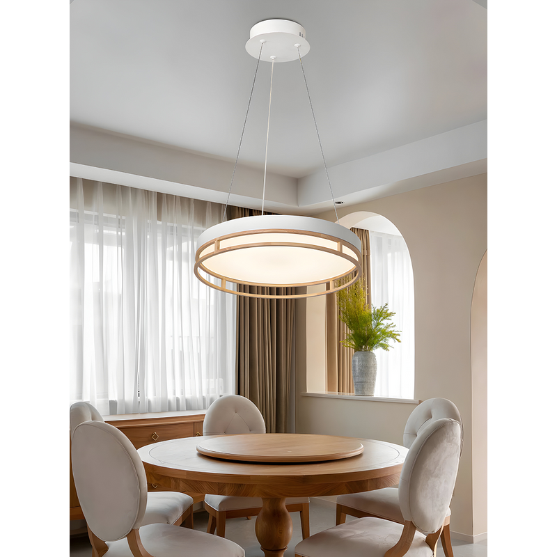 LÁMPARA DE TECHO COLGANTE  DECORATIVA LED, 38W, INTERRUPTOR PARA AJUSTE DE TONALIDAD DE LUZ CCT 30K, 40K,60K, 110-240V, 50-60HZ, GRADO DE PROTECCION IP20, ACABADO BLANCO.