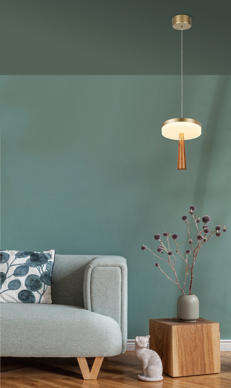 LÁMPARA DE TECHO COLGANTE DECORATIVA LED 12W, TONALIDAD DE 3000K, 100-240V, 50-60HZ, GRADO DE PROTECCION IP20, ACABADO DORADO + ACRILICO + MADERA.