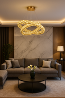 LÁMPARA COLGANTE DE CRISTAL K9 CON LUZ LED 70W, ACABADO GOLDEN/ METAL.