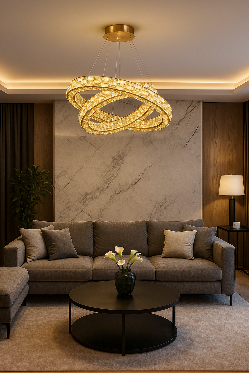 LÁMPARA COLGANTE DE CRISTAL K9 CON LUZ LED 70W, ACABADO GOLDEN/ METAL.