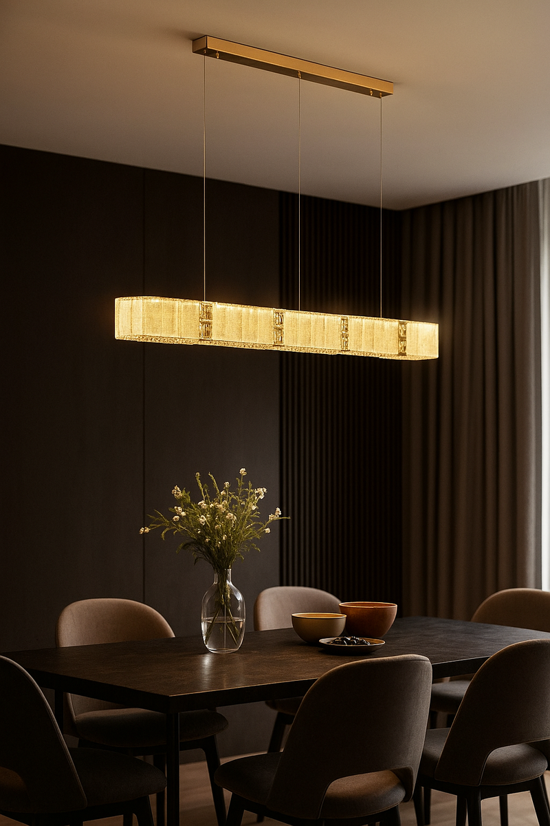 LÁMPARA COLGANTE DE CRISTAL K9 CON LUZ LED 25W ACABADO GOLDEN/ METAL.