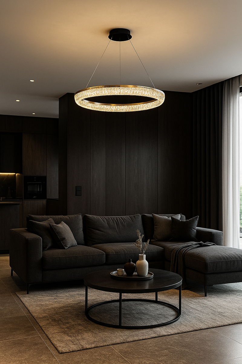 LÁMPARA COLGANTE DE  CRISTAL K9 CON LUZ LED 30W ACABADO GOLDEN/ METAL.