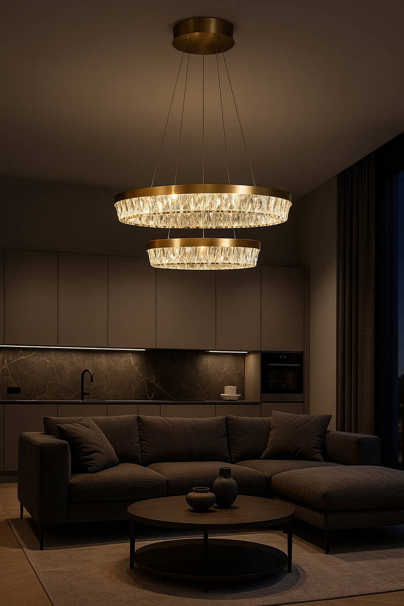 LÁMPARA COLGANTE DE CRISTAL K9 CON LUZ LED 80W ACABADO GOLDEN/METAL