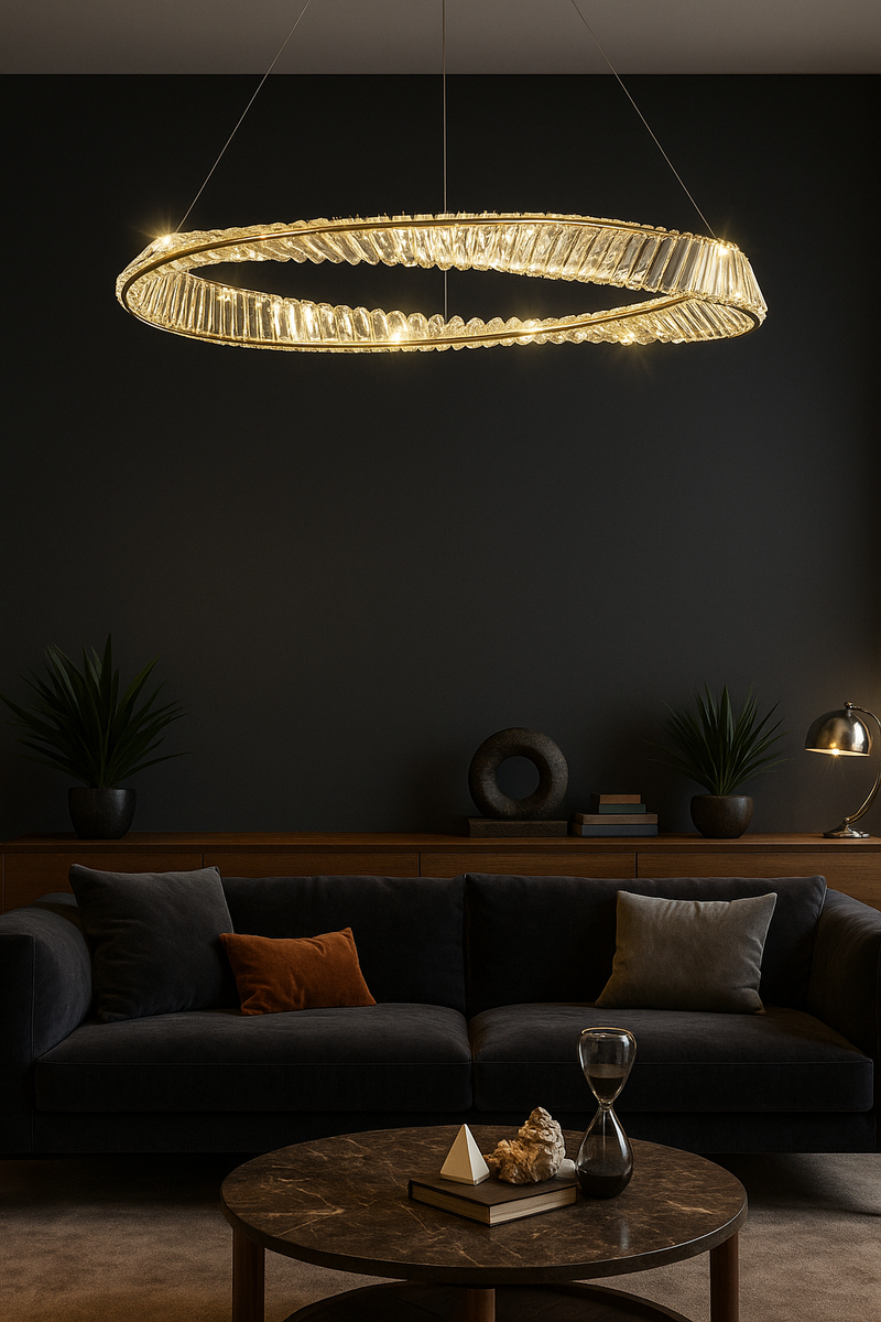 LÁMPARA COLGANTE DE CRISTAL K9 CON LUZ LED 20W ACABADO GOLDEN/ METAL.