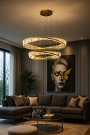 LÁMPARA COLGANTE DE CRISTAL K9 CON LUZ  LED 98W  ACABADO GOLDEN/METAL.