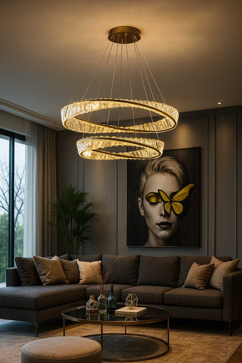 LÁMPARA COLGANTE DE CRISTAL K9 CON LUZ  LED 98W  ACABADO GOLDEN/METAL.