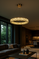 LÁMPARA COLGANTE DE CRISTAL K9 CON LUZ LED 30W  ACABADO GOLDEN / METAL.