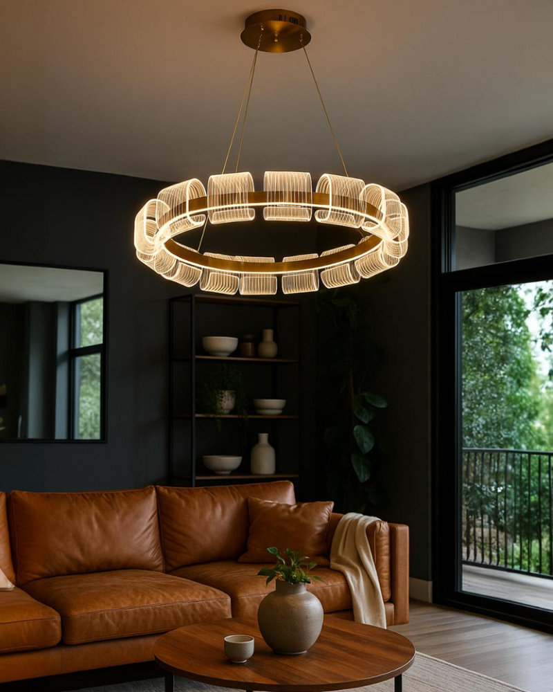 LÁMPARA COLGANTE DECORATIVA  MODERNA CON LUZ  LED 60W ACABADO DORADO/ METAL ACRÍLICO