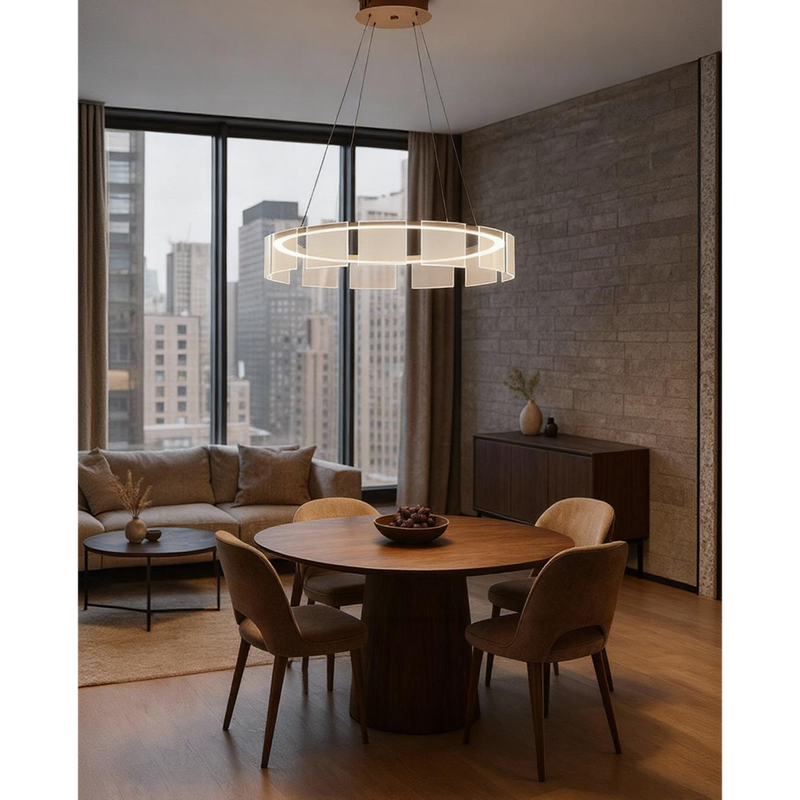 LÁMPARA DE TECHO COLGANTE DECORATIVA LED, 65W, INTERRUPTOR PARA ELEGIR TONALIDAD CCT: 3000K 4000K 6000K, 110-240V, 50-60HZ, IP20, ACABADO DORADO