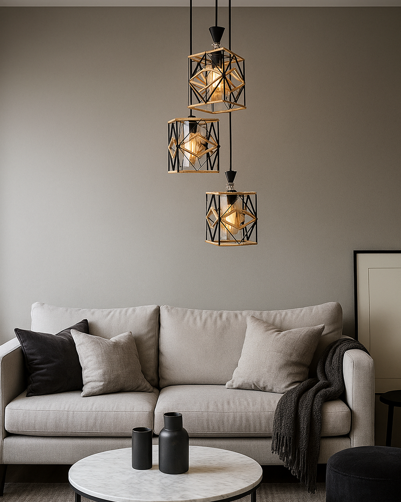 LÁMPARA DE TECHO COLGANTE DECORATIVA 3XE27-40W,110-240V, 50-60HZ, GRADO DE PROTECCION IP20, ACABADO NEGRO + CUERDA.