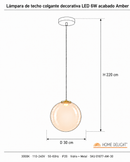 Lámpara De Techo Colgante Decorativa Led 6w Acabado Amber.