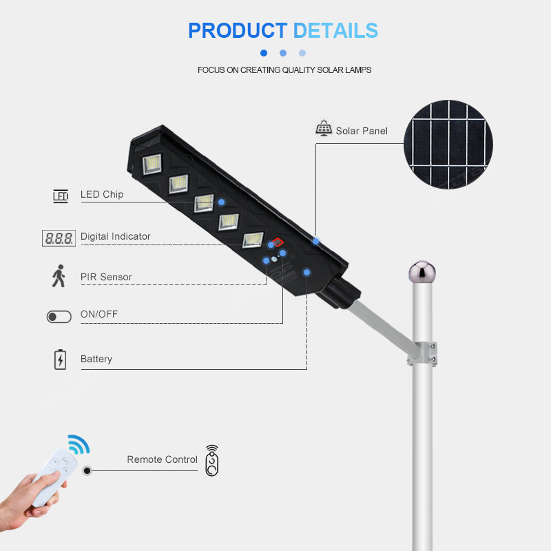 LÁMPARA DE POSTE LED CON PANEL SOLAR 60W. EMITE 2800LM,TONALIDAD 6000K ,120LED