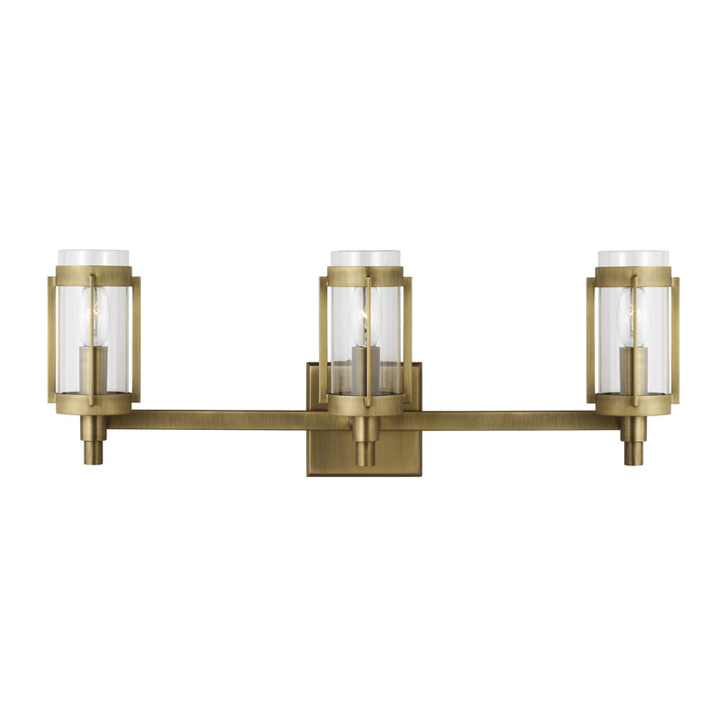 Three Light Vanity<br /><span style="color:#4AB0CE;">Entrega: 26-27 semanas en USA</span><br /><span style="color:#4AB0CE;font-size:60%;">PREGUNTE POR ENTREGA EN PANAMA</span><br />Collection: Flynn<br />Finish: Time Worn Brass