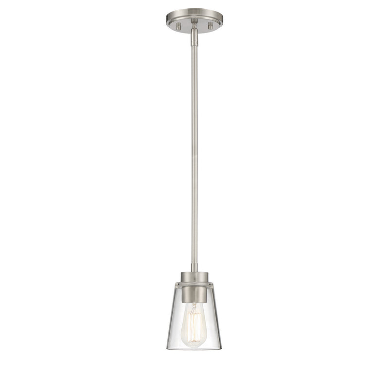 One Light Mini-Pendant<br /><span style="color:#4AB0CE;">Entrega: 4-10 dias en USA</span><br /><span style="color:#4AB0CE;font-size:60%;">PREGUNTE POR ENTREGA EN PANAMA</span><br />Collection: Calhoun<br />Finish: Satin Nickel