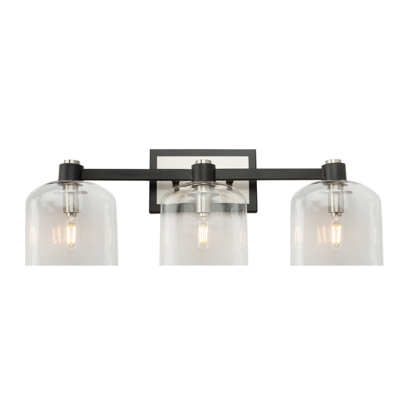 Three Light Vanity<br /><span style="color:#4AB0CE;">Entrega: 4-10 dias en USA</span><br /><span style="color:#4AB0CE;font-size:60%;">PREGUNTE POR ENTREGA EN PANAMA</span><br />Collection: Lyndon<br />Finish: Black and Brushed Nickel