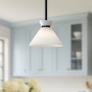 One Light Pendant<br /><span style="color:#4AB0CE;">Entrega: 4-10 dias en USA</span><br /><span style="color:#4AB0CE;font-size:60%;">PREGUNTE POR ENTREGA EN PANAMA</span><br />Collection: Halston<br />Finish: Glossy Opal Glass/Matte Black