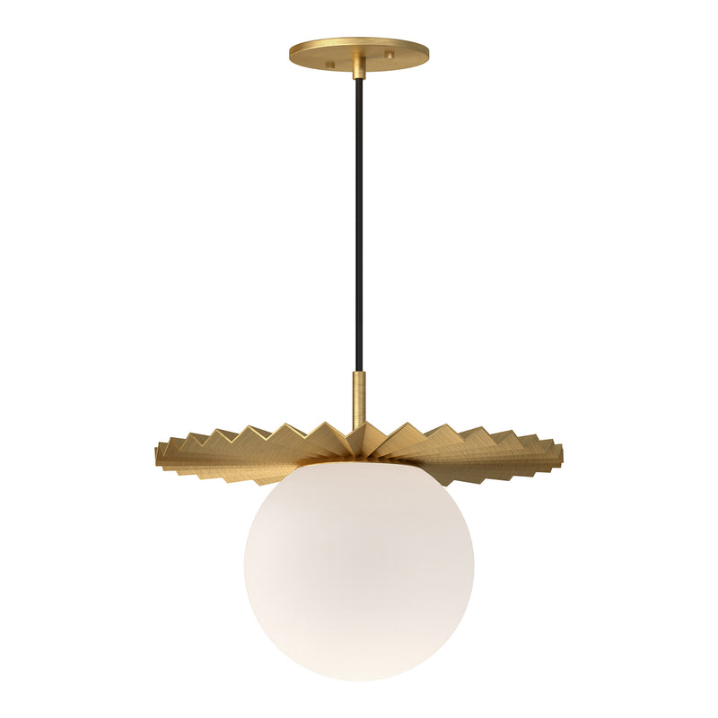 One Light Pendant<br /><span style="color:#4AB0CE;">Entrega: 4-10 dias en USA</span><br /><span style="color:#4AB0CE;font-size:60%;">PREGUNTE POR ENTREGA EN PANAMA</span><br />Collection: Plume<br />Finish: Brushed Gold/Opal Matte Glass
