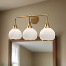 Three Light Bathroom Fixtures<br /><span style="color:#4AB0CE;">Entrega: 4-10 dias en USA</span><br /><span style="color:#4AB0CE;font-size:60%;">PREGUNTE POR ENTREGA EN PANAMA</span><br />Collection: Hazel<br />Finish: Aged Gold/Opal Matte Glass