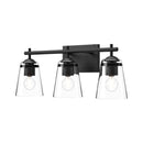 Three Light Bathroom Fixtures<br /><span style="color:#4AB0CE;">Entrega: 4-10 dias en USA</span><br /><span style="color:#4AB0CE;font-size:60%;">PREGUNTE POR ENTREGA EN PANAMA</span><br />Collection: Addison<br />Finish: Clear Glass/Matte Black