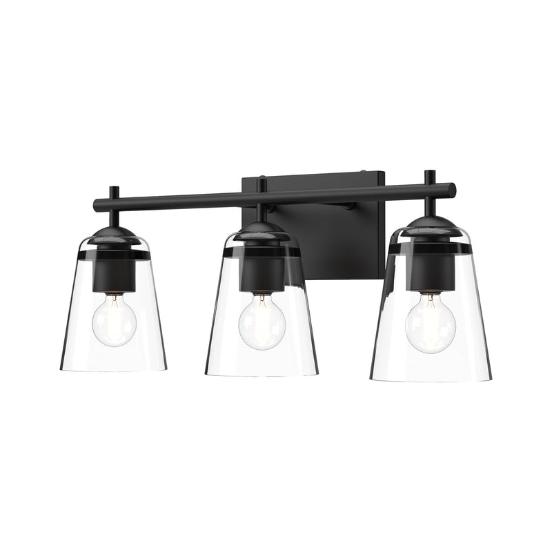 Three Light Bathroom Fixtures<br /><span style="color:#4AB0CE;">Entrega: 4-10 dias en USA</span><br /><span style="color:#4AB0CE;font-size:60%;">PREGUNTE POR ENTREGA EN PANAMA</span><br />Collection: Addison<br />Finish: Clear Glass/Matte Black