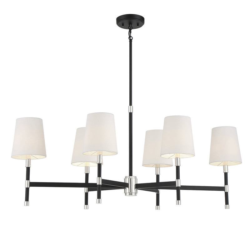 Six Light Linear Chandelier<br /><span style="color:#4AB0CE;">Entrega: 4-10 dias en USA</span><br /><span style="color:#4AB0CE;font-size:60%;">PREGUNTE POR ENTREGA EN PANAMA</span><br />Collection: Brody<br />Finish: Matte Black with Polished Nickel Ac...