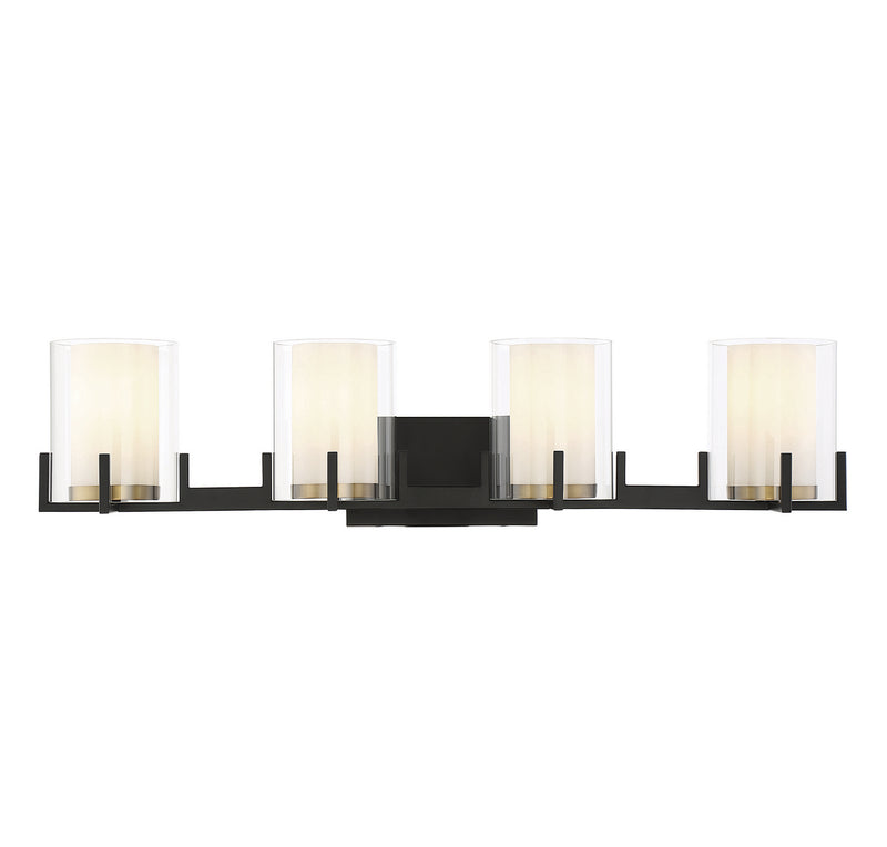 Four Light Bathroom Vanity<br /><span style="color:#4AB0CE;">Entrega: 4-10 dias en USA</span><br /><span style="color:#4AB0CE;font-size:60%;">PREGUNTE POR ENTREGA EN PANAMA</span><br />Collection: Eaton<br />Finish: Matte Black with Warm Brass Accents