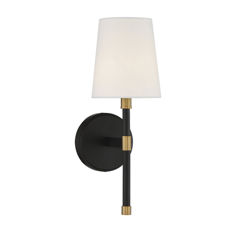 One Light Wall Sconce<br /><span style="color:#4AB0CE;">Entrega: 4-10 dias en USA</span><br /><span style="color:#4AB0CE;font-size:60%;">PREGUNTE POR ENTREGA EN PANAMA</span><br />Collection: Brody<br />Finish: Matte Black with Warm Brass Accents