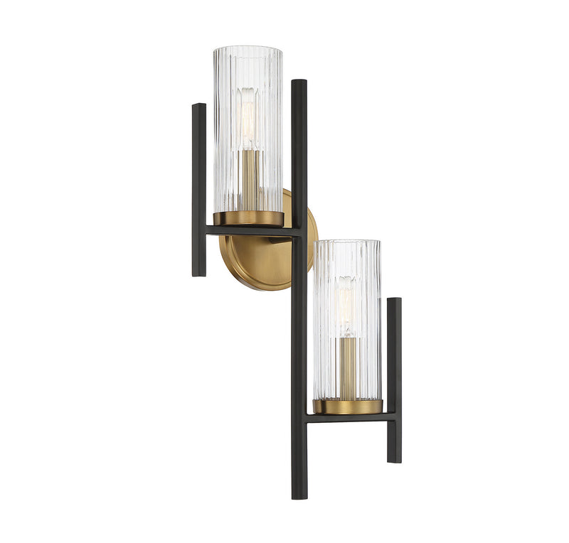 Two Light Wall Sconce<br /><span style="color:#4AB0CE;">Entrega: 4-10 dias en USA</span><br /><span style="color:#4AB0CE;font-size:60%;">PREGUNTE POR ENTREGA EN PANAMA</span><br />Collection: Midland<br />Finish: Matte Black with Warm Brass Accents