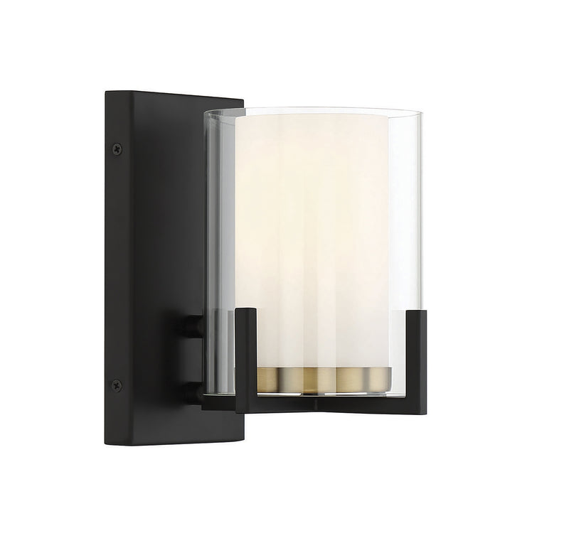 One Light Wall Sconce<br /><span style="color:#4AB0CE;">Entrega: 4-10 dias en USA</span><br /><span style="color:#4AB0CE;font-size:60%;">PREGUNTE POR ENTREGA EN PANAMA</span><br />Collection: Eaton<br />Finish: Matte Black with Warm Brass Accents