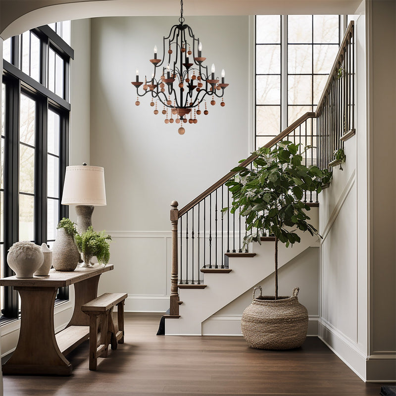 Nine Light Chandelier<br /><span style="color:#4AB0CE;">Entrega: 4-10 dias en USA</span><br /><span style="color:#4AB0CE;font-size:60%;">PREGUNTE POR ENTREGA EN PANAMA</span><br />Collection: Colonial Charm<br />Finish: Old World Bronze w/Walnut