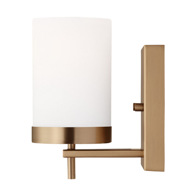 One Light Wall / Bath Sconce<br /><span style="color:#4AB0CE;">Entrega: 4-10 dias en USA</span><br /><span style="color:#4AB0CE;font-size:60%;">PREGUNTE POR ENTREGA EN PANAMA</span><br />Collection: Zire<br />Finish: Satin Brass