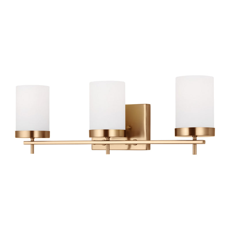 Three Light Bath<br /><span style="color:#4AB0CE;">Entrega: 4-10 dias en USA</span><br /><span style="color:#4AB0CE;font-size:60%;">PREGUNTE POR ENTREGA EN PANAMA</span><br />Collection: Zire<br />Finish: Satin Brass