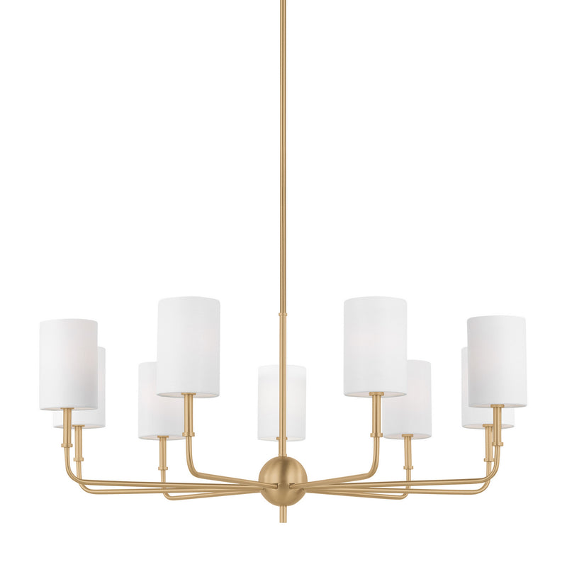 Nine Light Chandelier<br /><span style="color:#4AB0CE;">Entrega: 4-10 dias en USA</span><br /><span style="color:#4AB0CE;font-size:60%;">PREGUNTE POR ENTREGA EN PANAMA</span><br />Collection: Foxdale<br />Finish: Satin Brass